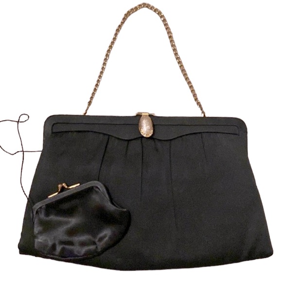 After Five Handbags - Vintage After Five satin clutch with attached coin purse & gold stowaway chain